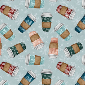 Christmas Coffee Cups on Light Blue Large