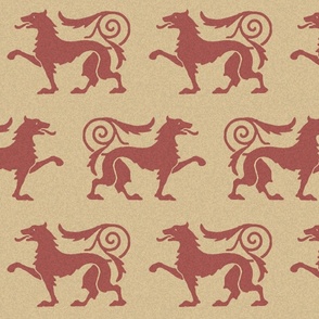 large medieval-style lions, soft red on tan