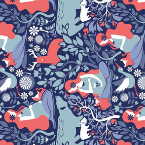 Normal scale rotated // Mother Nature Scandinavian Inspiration // navy background  blue and coral details