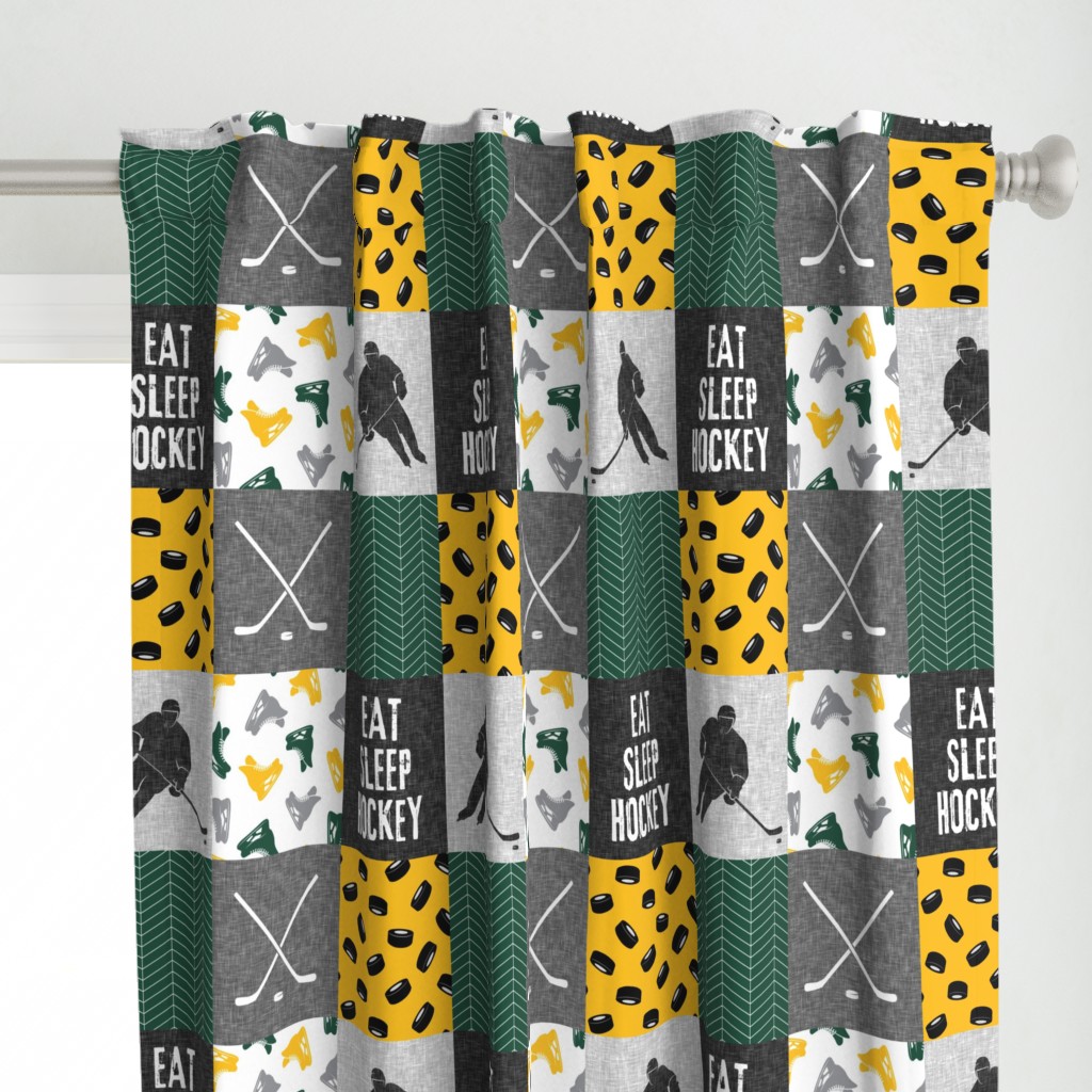 Eat Sleep Hockey - Ice Hockey Patchwork - Hockey Nursery - Wholecloth gold and green - LAD19