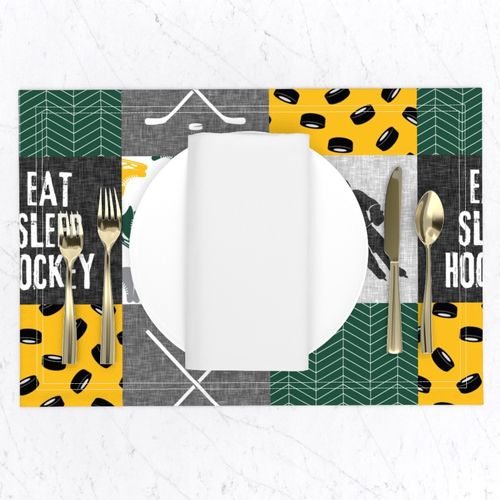 Eat Sleep Hockey - Ice Hockey Patchwork - Hockey Nursery - Wholecloth gold and green - LAD19