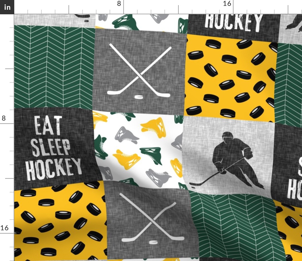 Eat Sleep Hockey - Ice Hockey Patchwork - Hockey Nursery - Wholecloth gold and green - LAD19