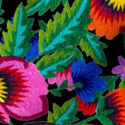 Grandmommy Flowering Bouquet - Poppies Centaurea Violet - Green Leaves - Blossom - Satin Stitch Embroidery - Colorful Brightly on Black Large