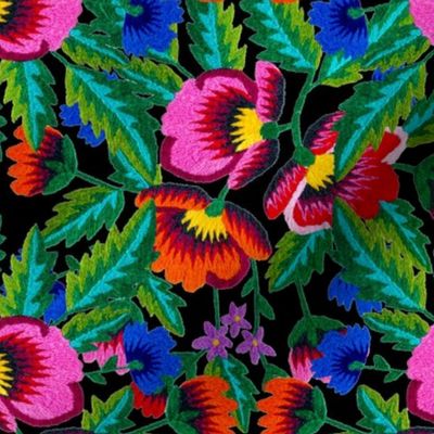 Grandmommy Flowering Bouquet - Poppies Centaurea Violet - Green Leaves - Blossom - Satin Stitch Embroidery - Colorful Brightly on Black Middle
