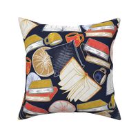 Cozy Cushions and Coffee at Book Club on dark navy blue - big