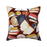 Cozy Cushions and Coffee at Book Club on maroon red - big