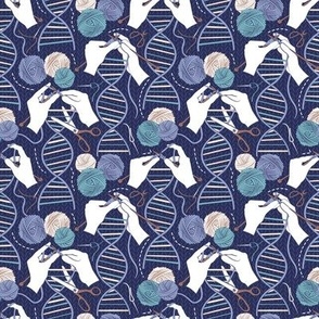 Tiny scale // Knitting DNA // navy blue background indigo blue and teal wool balls and knit details