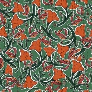 Kantha orange flowers green backdrop