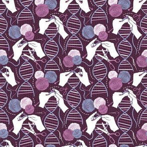 Tiny scale // Knitting DNA // dark purple background indigo blue and pink wool balls and knit details