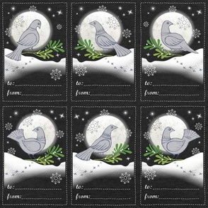 Snow Dove Holiday Gift Tags in Black and White | Moon and stars gift labels, Christmas present labels with doves, mistletoe and snowflakes for Christmas, Hannukkah and New Year.