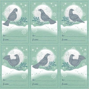 Snow Dove Holiday Gift Tags in Frosty Mint | Moon and stars gift labels, Christmas present labels with doves, mistletoe and snowflakes for Christmas, Hannukkah and New Year.