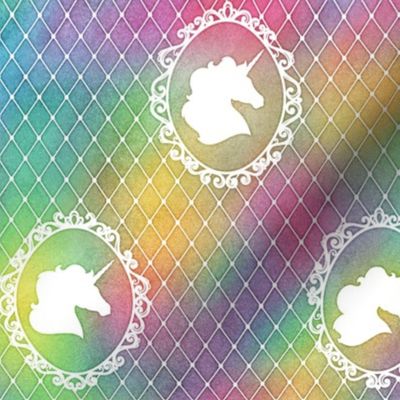 Unicorn Cameo Portrait Pattern White on Bright Rainbow Watercolor