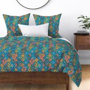 Ikat Aztec Diamonds - coral mustard blue