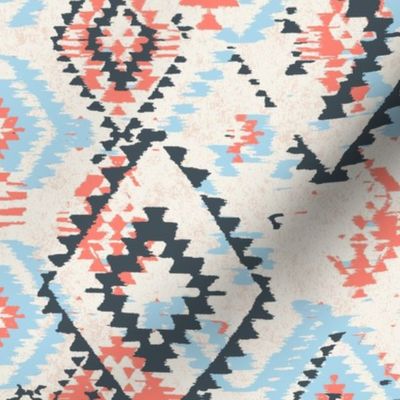 medium ikat Aztec Diamonds - coral and sky blue