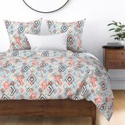 medium ikat Aztec Diamonds - coral and sky blue