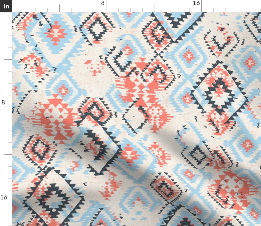 medium ikat Aztec Diamonds - coral and sky blue