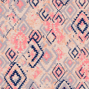 Ikat Aztec Diamonds - watermelon grey indigo