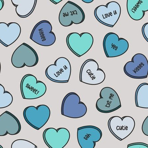 (M Scale) Conversation Hearts Scattered Pattern - Blue Hues - Grey