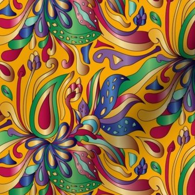 Groovy Mushroom Paisley Florals- Jewel Tone- Gold- Small Scale