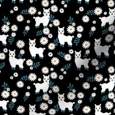 Cute boho alpaca garden and daisy flowers sweet nursery spring summer leaves llama pattern black blue