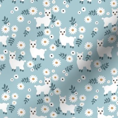 Cute boho alpaca garden and daisy flowers sweet nursery spring summer leaves llama pattern girls cool blue white