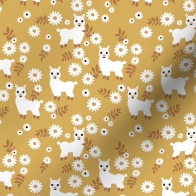 Cute boho alpaca garden and daisy flowers sweet nursery spring summer llama pattern girls ochre mustard yellow