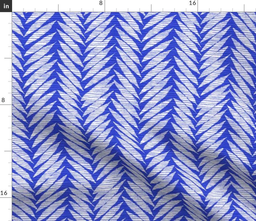 large scale herringbone leaves / electric blue ivory