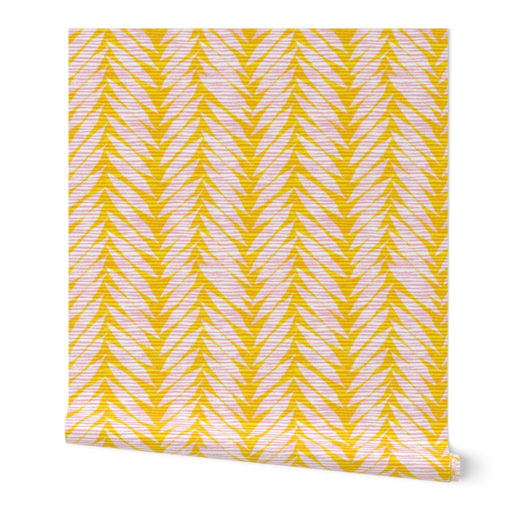 large scale herringbone leaves / sunny yellow cotton candy