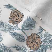 Festive blue and beige pinecones