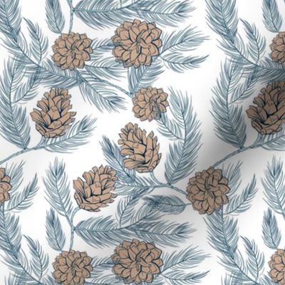 Festive blue and beige pinecones