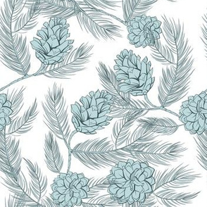 Festive blue pinecones - vector line art contour drawing
