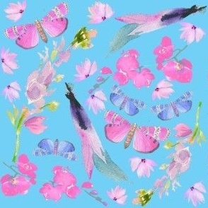 Boho Pink Butterflies and Flowers on Blue