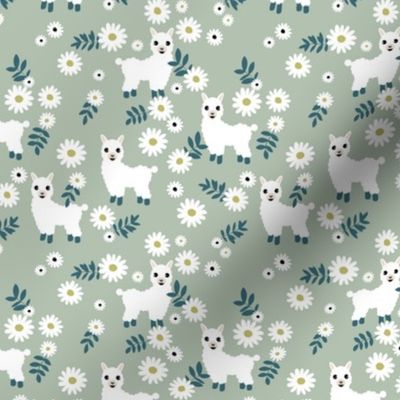 Cute boho alpaca garden and daisy flowers sweet nursery spring summer llama pattern girls neutral green mint mist white