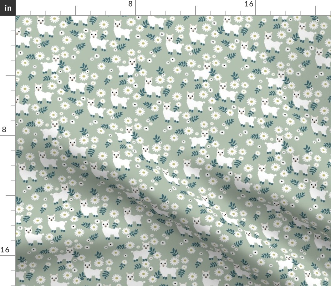 Cute boho alpaca garden and daisy flowers sweet nursery spring summer llama pattern girls neutral green mint mist white