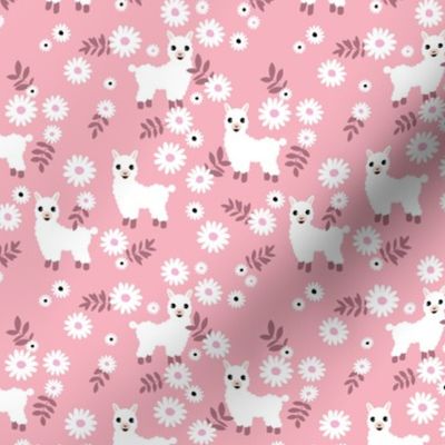 Cute boho alpaca garden and daisy flowers sweet nursery spring summer llama pattern girls pink mauve white