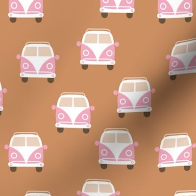 Cute vintage vw hippie bus happy camper car kids pattern neutral caramel burnt orange pink blush girls