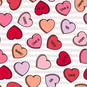 (M Scale) Conversation Hearts Scattered Pattern - Pink Hues - White Stripes