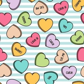 (M Scale) Conversation Hearts Scattered Pattern - Light Blue Stripes