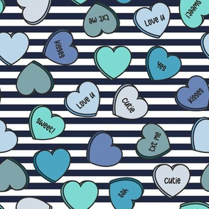 (M Scale) Conversation Hearts Scattered Pattern - Blue Hues - Navy Stripes