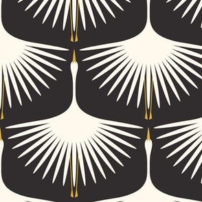 Art Deco Swans - Cream on Black - 5.5" Wingspan Fabric - 6" Wallpaper