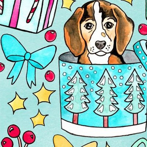 Beagles, Boxes & Bows on Bubblegum Blue - Large