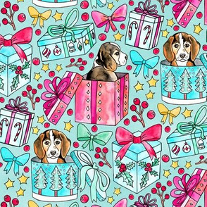 Beagles, Boxes & Bows on Bubblegum Blue - Small