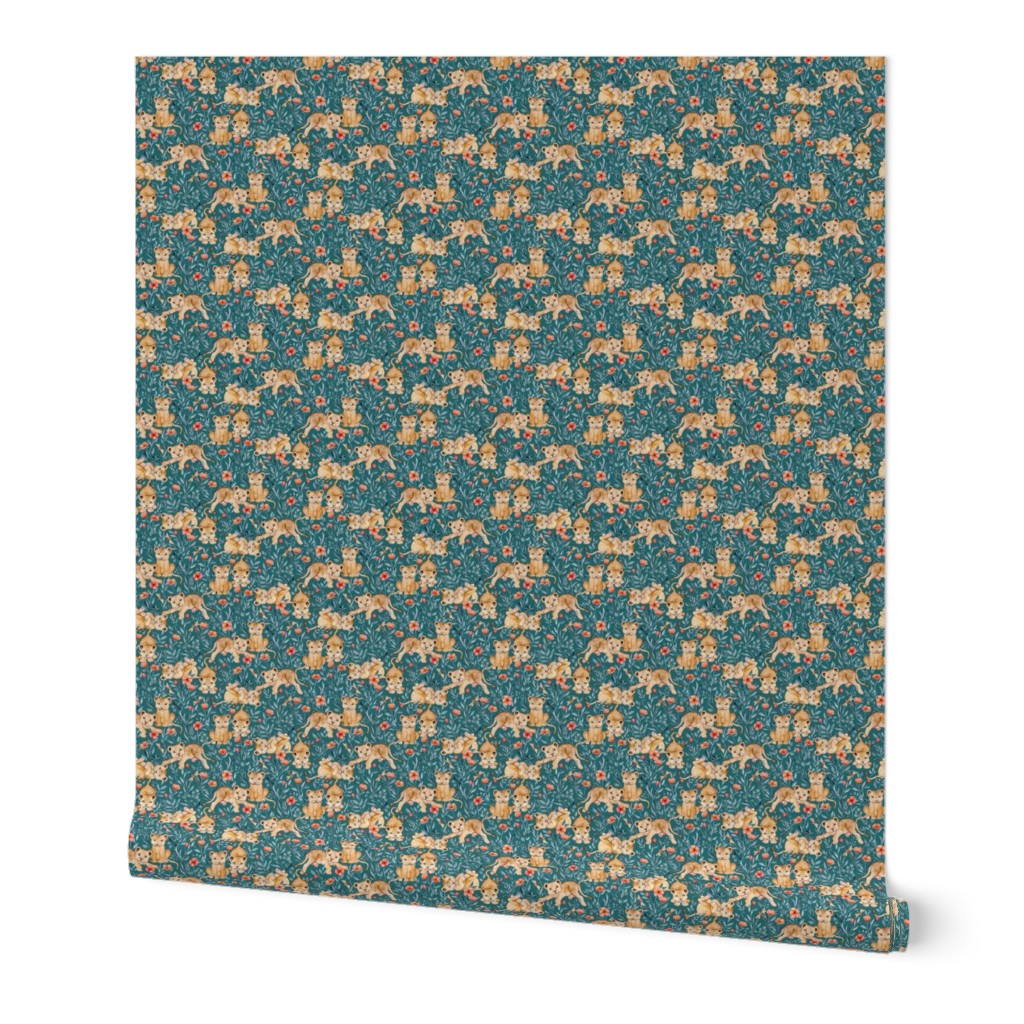 Lion Cub Pairs and Poppies on Deep Teal - Small