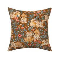 Lion Cub Pairs and Poppies on Warm Brown - Large