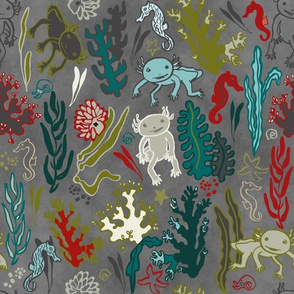 Funny axolotls and sea animals_colorful coral reef_grey background