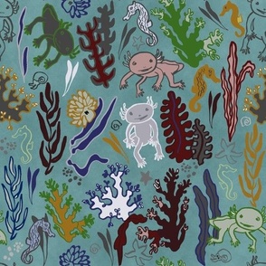 Funny axolotls and sea animals_colorful coral reef_blue_for kids and sewing.