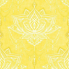 White on Yellow Linen Textured Delicate Art Nouveau Doodle - Large