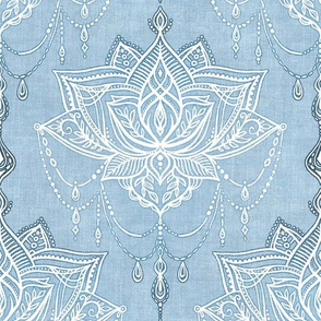 Faded Denim Blue Linen Textured Delicate Art Deco Doodle - Large