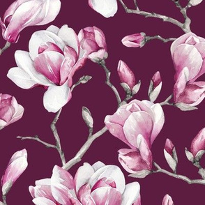 Magnolias / Burgundy Background / Small Scale