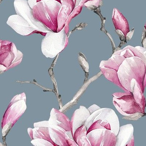 Magnolias / Dusty Blue Background / Large Scale